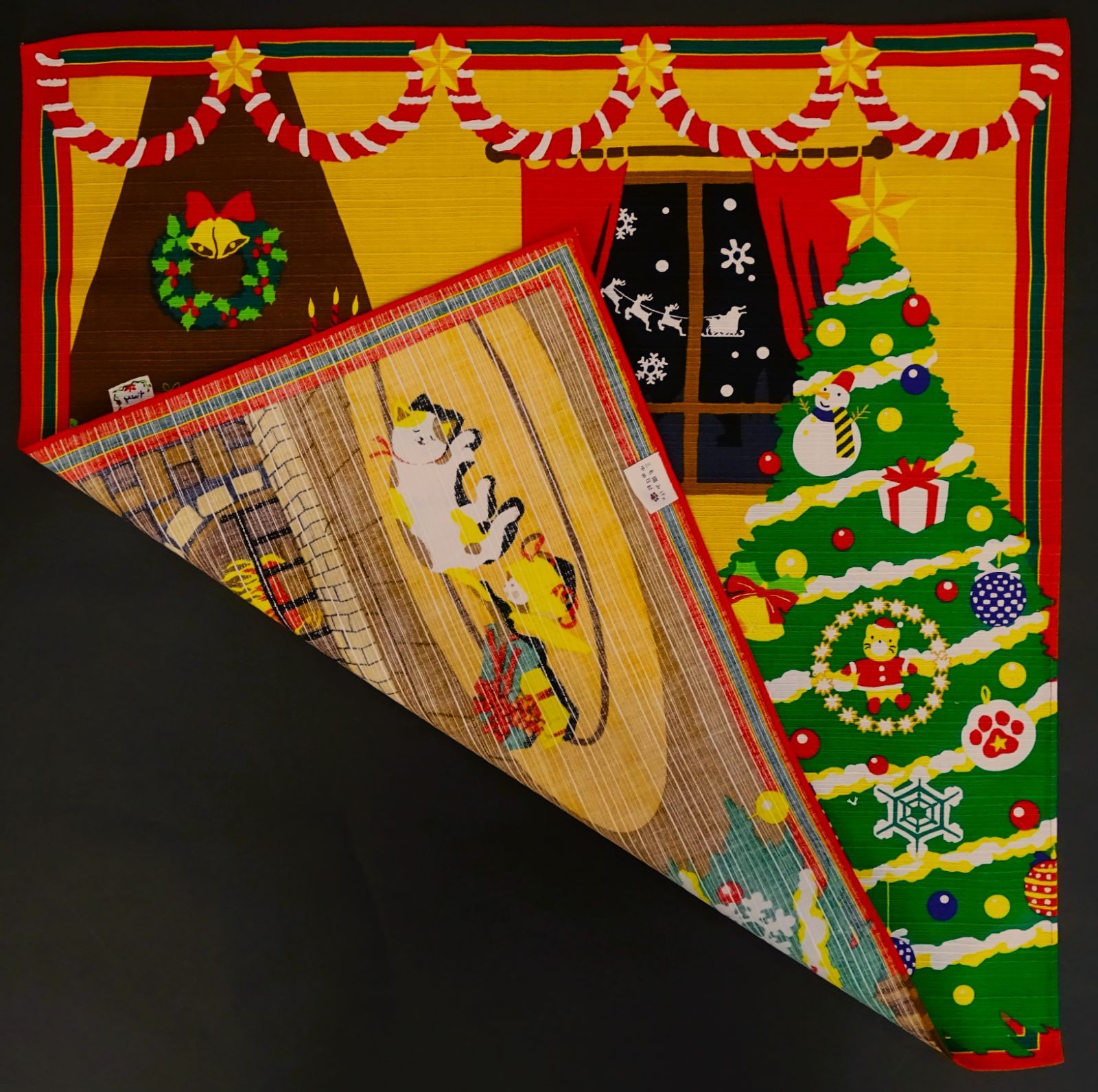 24】小風呂敷 シャンタンチーフ ランチクロス クリスマス 三毛猫 