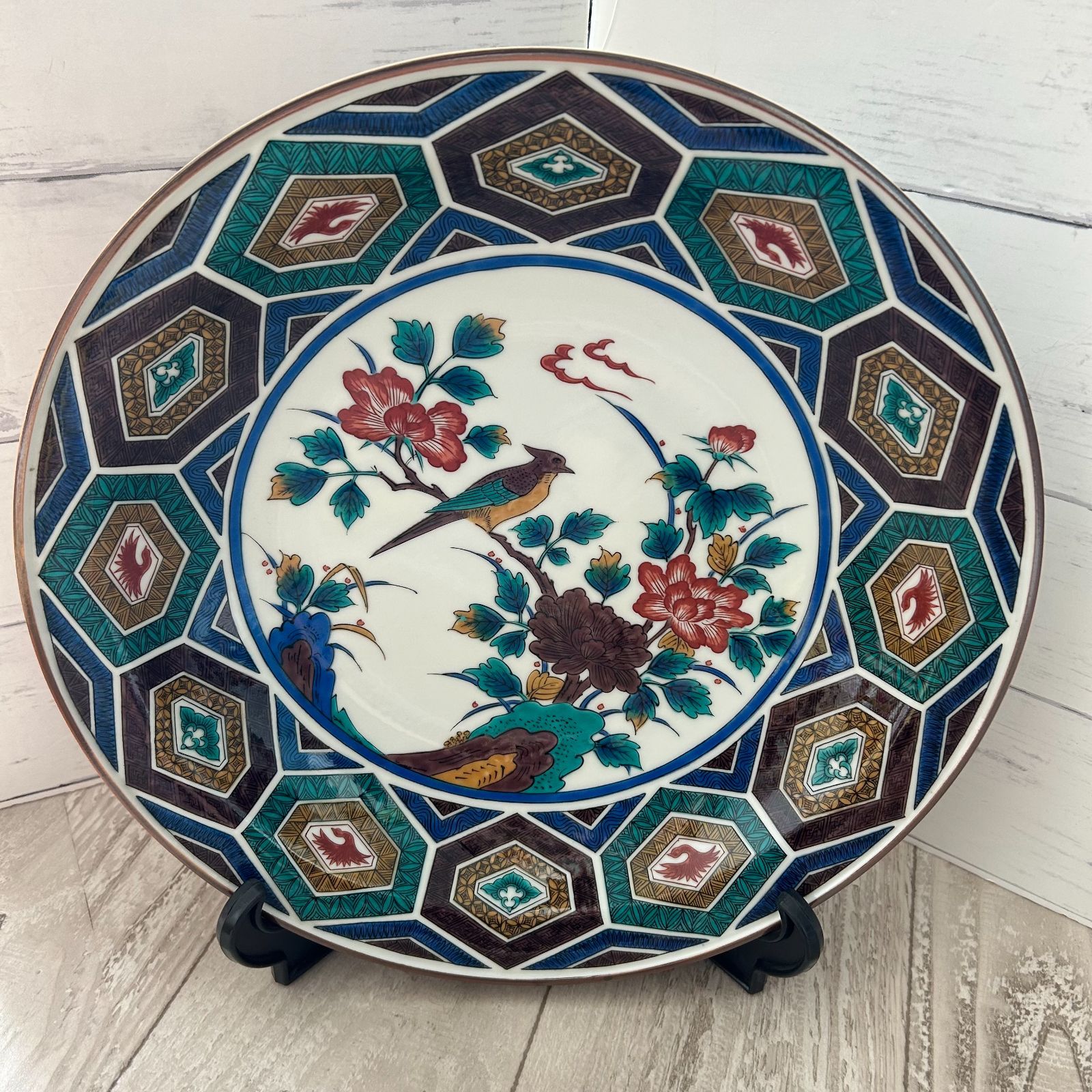 九谷焼 飾り皿 青郊窯 古九谷風 皿 大皿 絵皿 飾り皿 共箱 皿たて