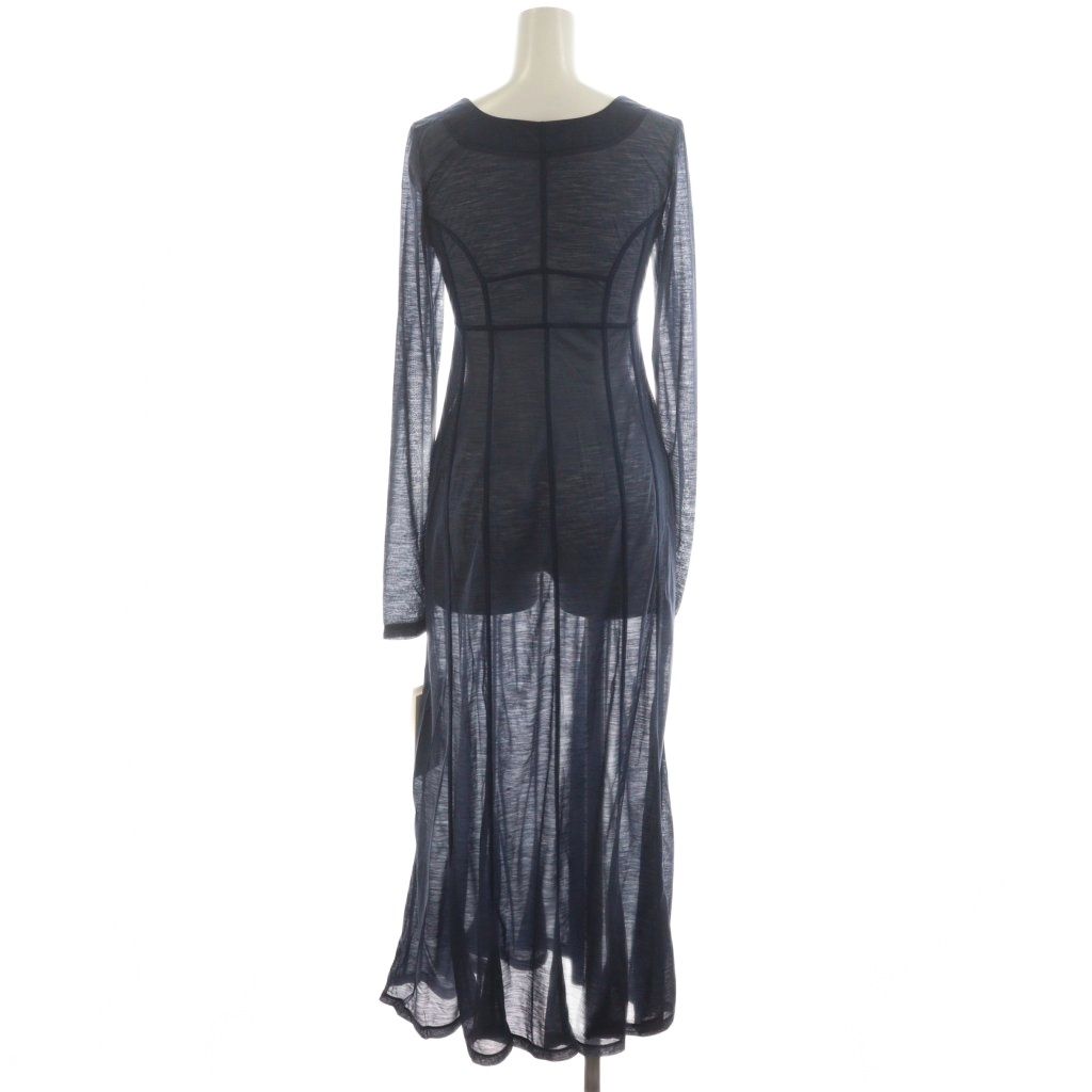 送料無料! マメクロゴウチ Hybrid Yarn Wool Jersey Square Neck Dress ワンピース マキシ ロング 長袖 スクエアネック シアー シースルー 1 紺 ネイビー MM23FW-JS024 |AN37 GY52