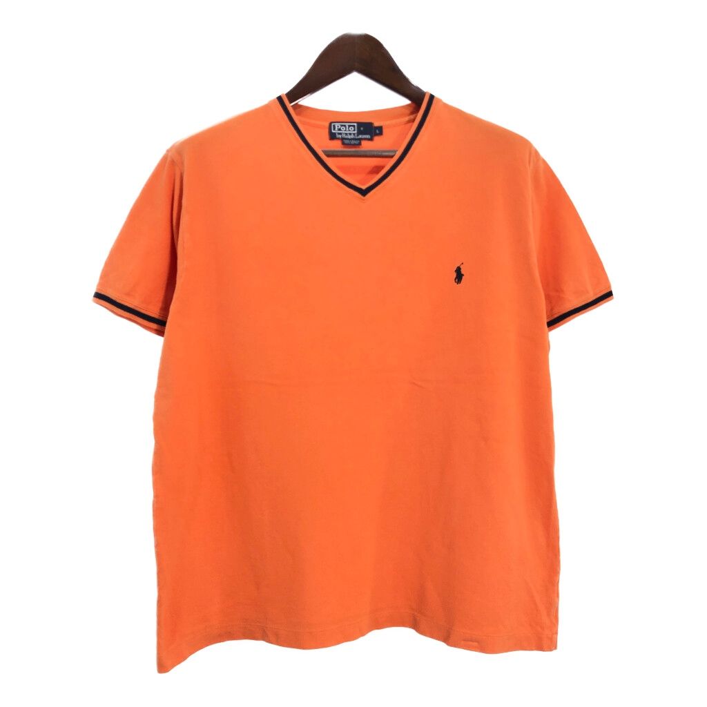 90年代 Polo by Ralph Lauren ポロ ラルフローレン ワンポイントロゴ Vネック 鹿の子Ｔシャツ オレンジ メンズ L 古着 U1259