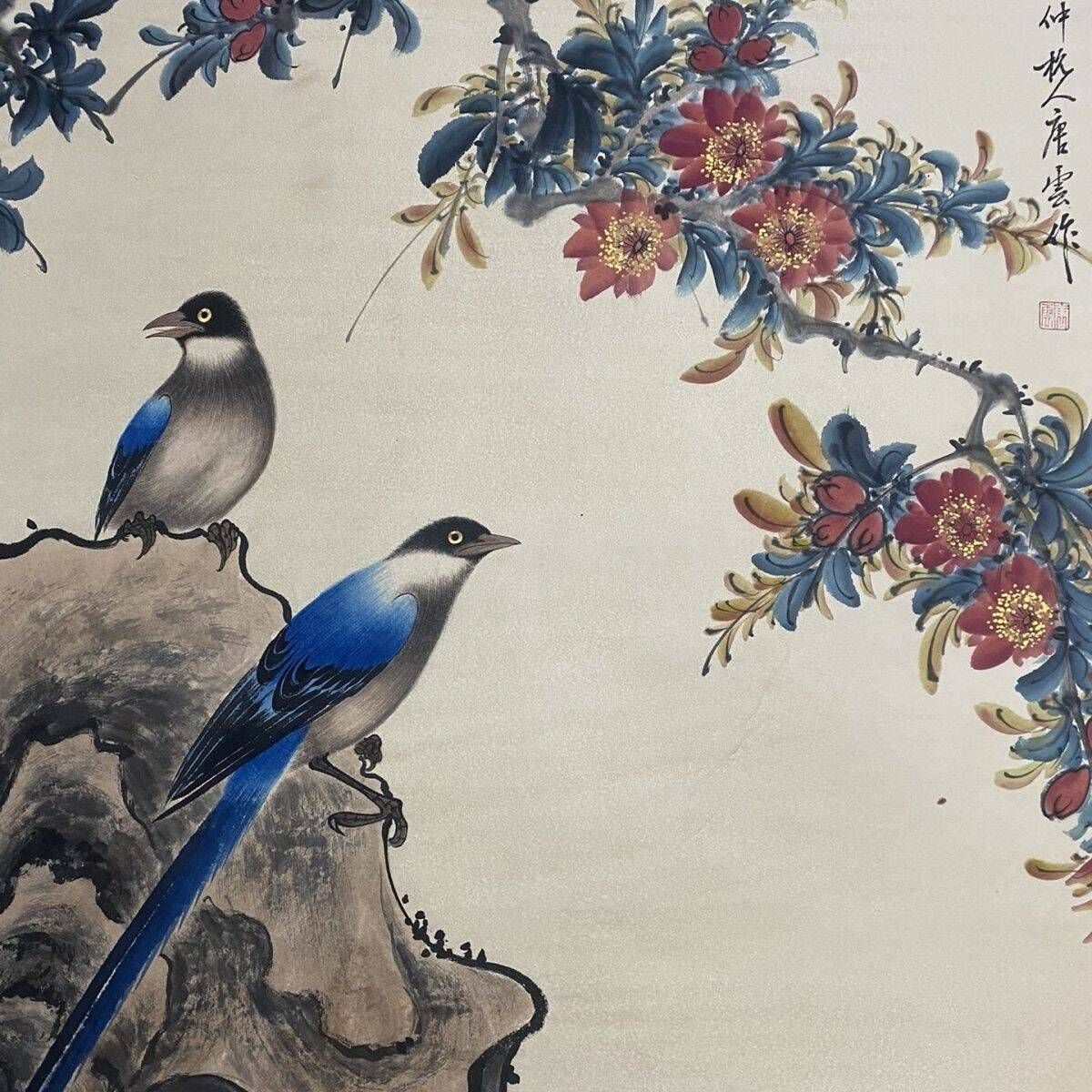 中国古美術・純手描き唐雲花鳥図画・手紙を添えた・珍品画・肉筆