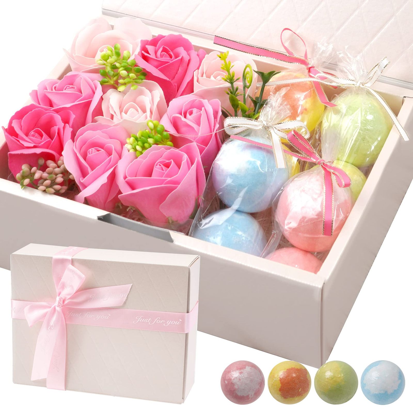 Un usual-store バスボム 8個 ＆ 花 入浴剤 ギフトセット 女性 プレゼント 誕生日 炭酸 香り爆弾 BOX お風呂用 バス ボール 保温 リラックス ローズ ソープフラワー 母の日 記念日 還暦祝い 結婚祝