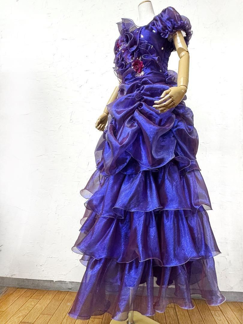 ステージ衣装 カラオケ パープル フリル付きドレス 花モチーフd283