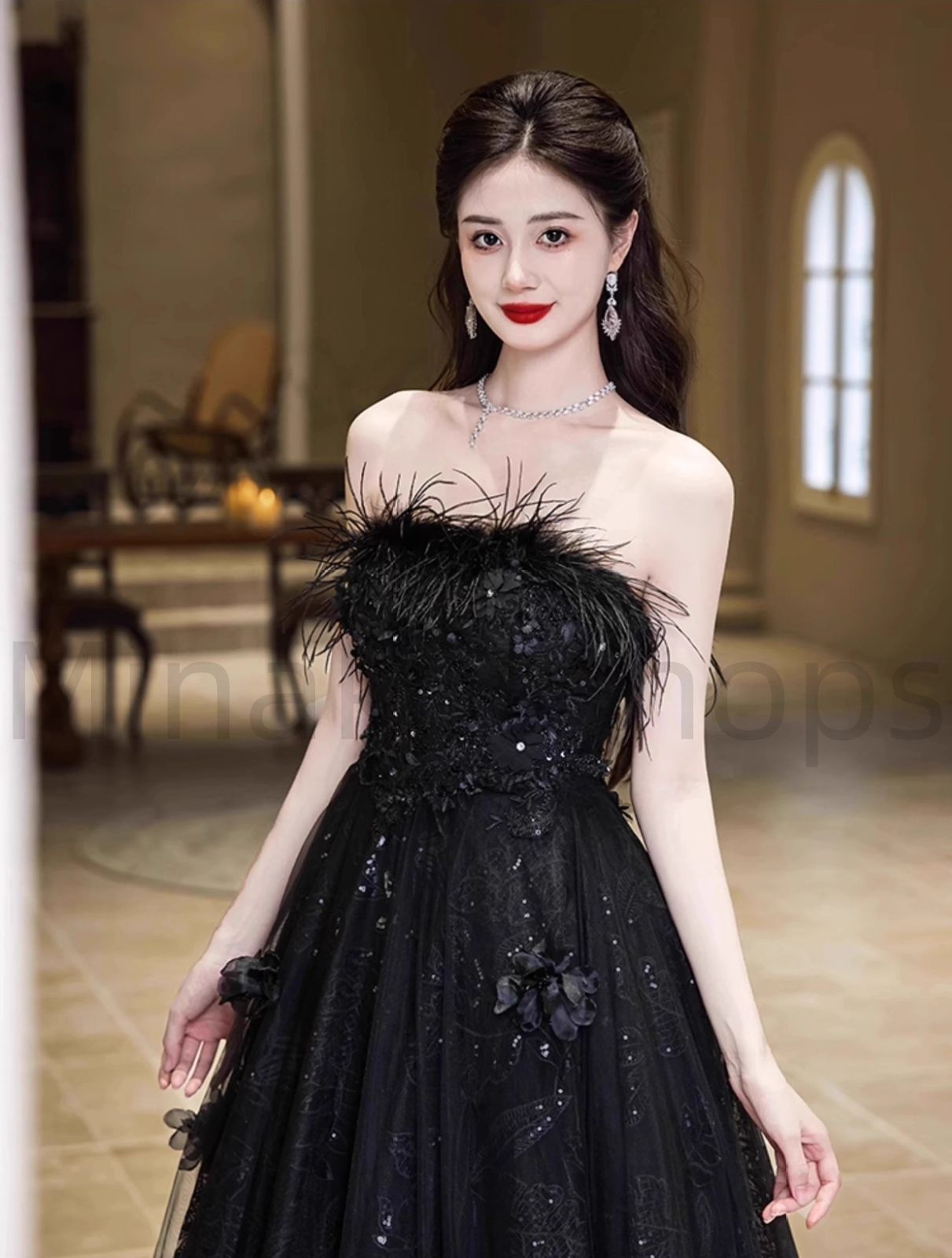 オフショルダー ボリューム袖 サテン ブラック ソフトマーメイドドレス