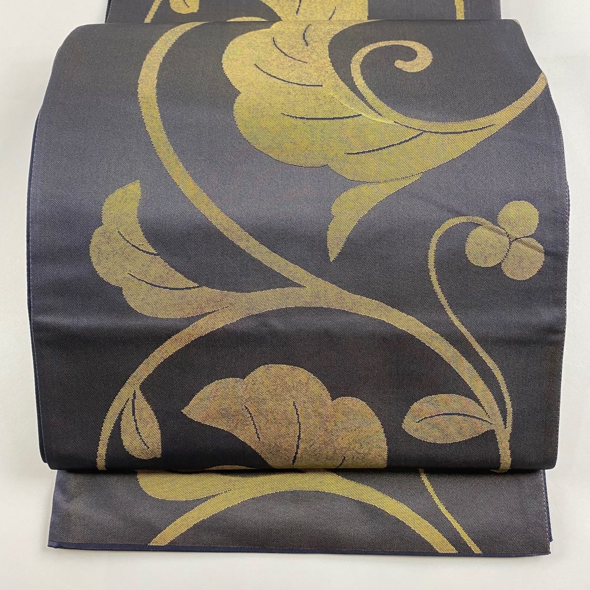 袋帯 秀品 落款 澤屋重兵衛 関西仕立て 唐草 箔 紺色 六通 正絹