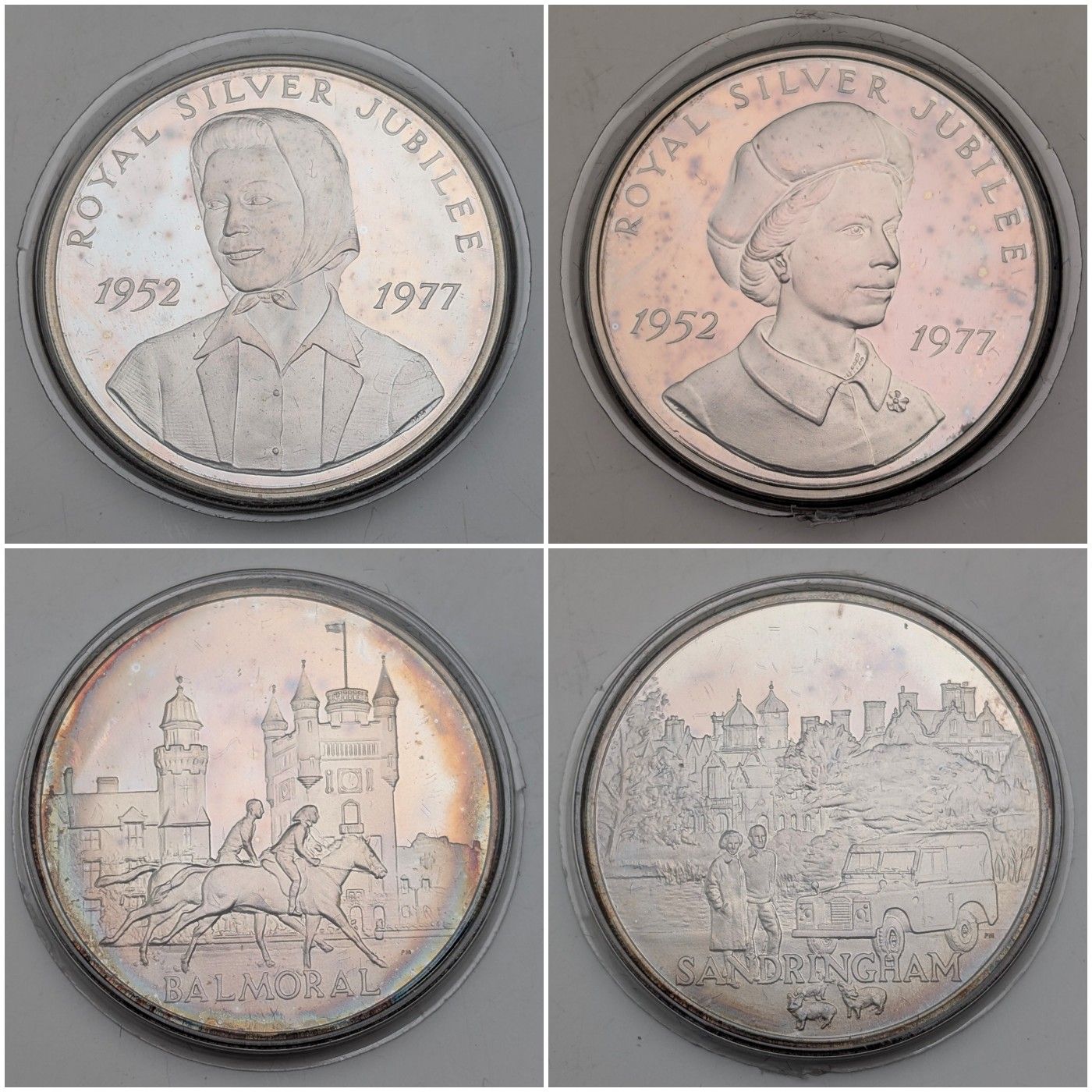 1977年 英国 純銀製 シルバージュビリー クラウン銀貨4個セット 計113g ケース入 Pobjoy Mint 1977年 英国 純銀製 シルバージュビリー クラウン銀貨4個セット