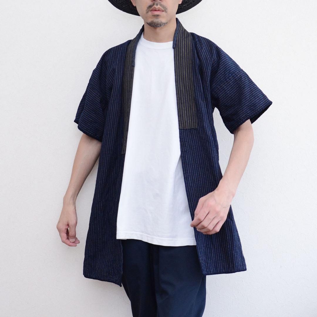 野良着 荒刺し子 藍染 縞模様 藍無地 濃紺 半袖 木綿 ジャパンヴィンテージ Japanese Noragi Jacket – Indigo-Dyed Cotton with Rough Sashiko Stitching Stripe Pattern