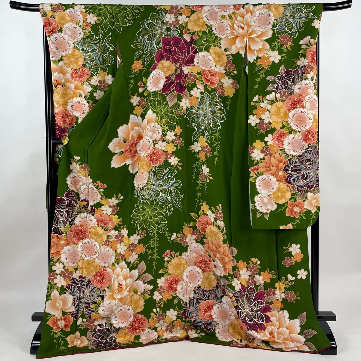 見事な創造力 金糸 草花 桜 袷 L 裄丈70cm 身丈177.5cm 振袖 金銀彩 正絹 緑 着物・浴衣