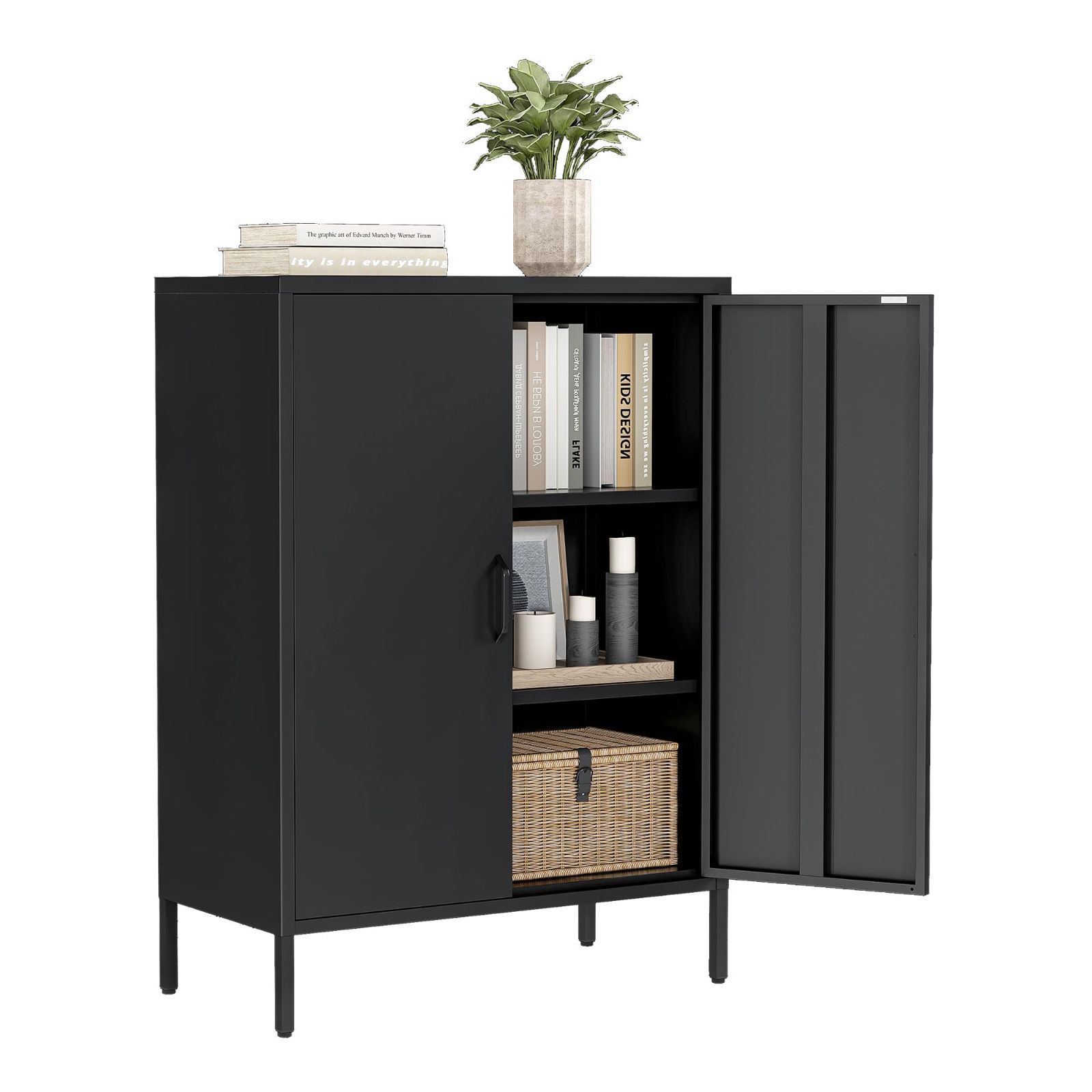 ダイニングルーム キチン 寝室用 リビング 大容量 幅80CM 可動棚 扉付き 組立品 収納棚 サイドボード 光沢面 スチール キャビネット ブラック Boegica
