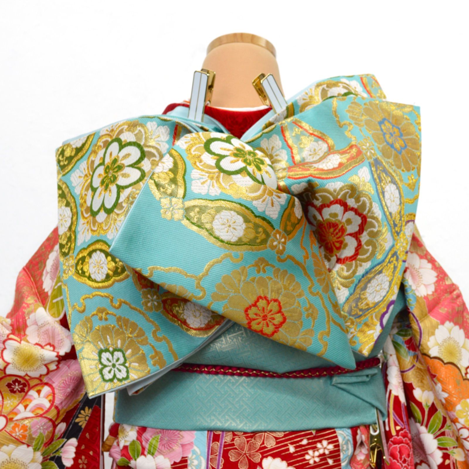 美品》正絹 振袖フルセット M〜LLサイズ 成人式 赤地 パールトーン加工 