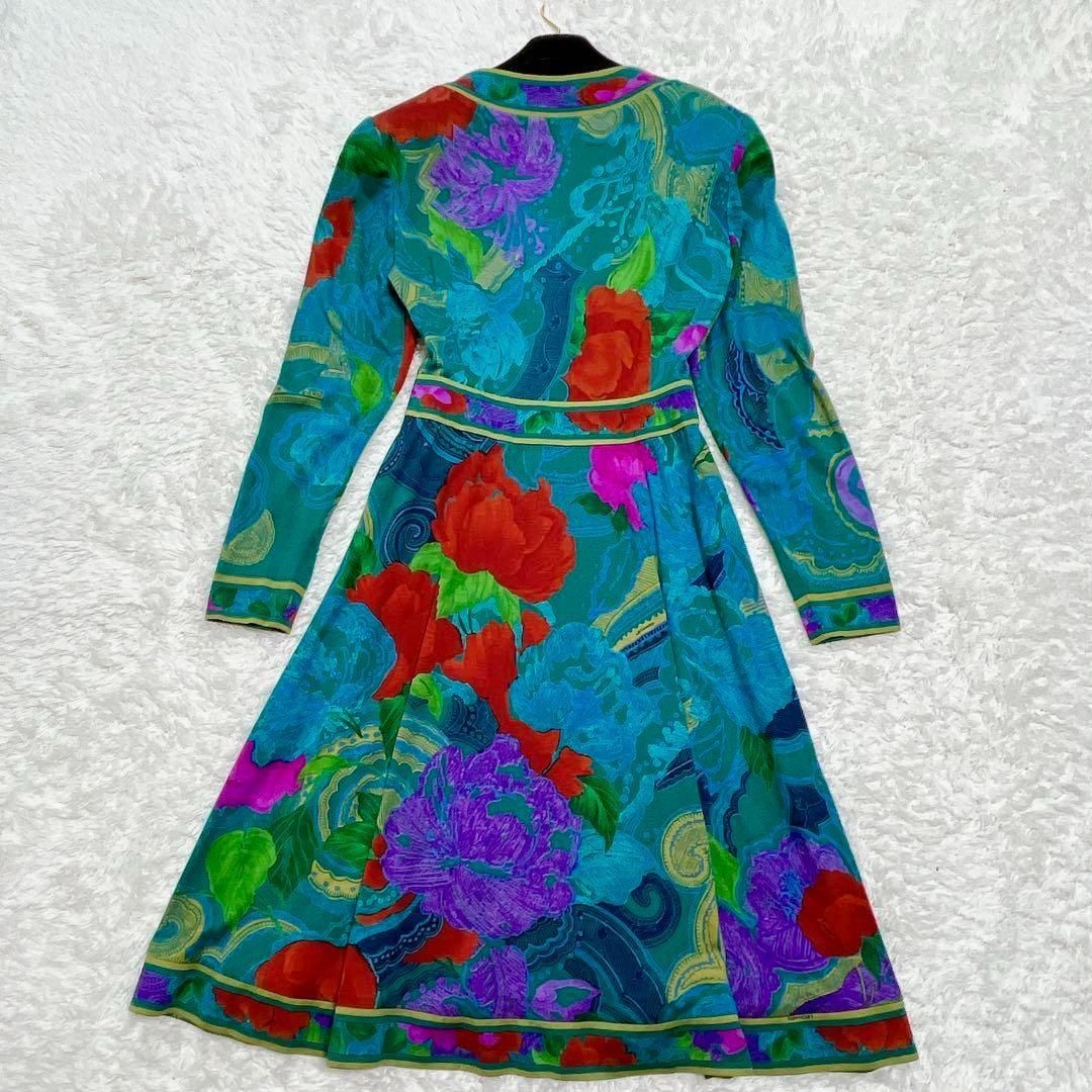美品✨レオナール シルク100% ロングワンピース 美麗花柄 トリム リボン 美品✨レオナール 花柄シルクロングワンピース ベルト 蝶 龍
