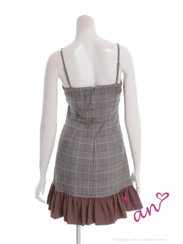 Mブラウン OF05 AOC3994-BR-2510 an アン チェック柄 ビジュー リボン キャミソール バストシアー 裾フリル フ ミニドレス キャバドレス