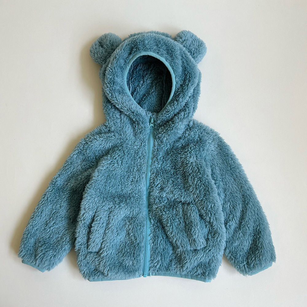 【お買い得，SALE】 ☆ ブルー ☆ 120cm ☆ ボアジャケット nakbj3261 ボアジャケット キッズ 子供 ジャケット ボアコート クマ耳 くま耳 熊耳 羽織り 羽織 子供服 子ども服 フード付き フード ボア 暖かい あたたかい フリースジャケット