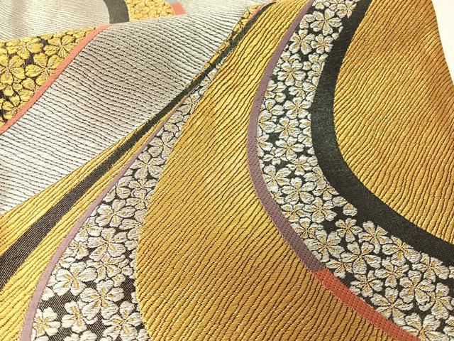5k2281 袋帯　絹　平安蒔絵　金色　ベージュ　ピンク　緑　紫　白　花柄　和装 平和屋着物◎佐賀錦 六通柄袋帯 花車文 金糸 正絹 逸品