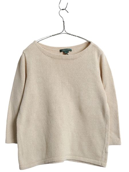 なクーポン配布中! 90s ローレン ラルフローレン ボートネック コットン ニット セーター レディース L 7分袖 カットソー 無地 シンプル トップス