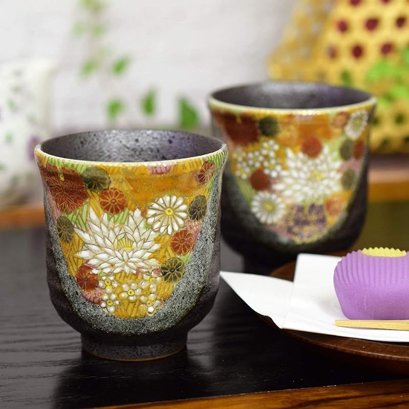 九谷焼 夫婦湯呑み ペアセット 本金青粒鉄仙 湯のみ 九谷焼 おしゃれ 九谷焼 ペア マグカップ コンビ鉄仙 還暦祝い 結婚祝い