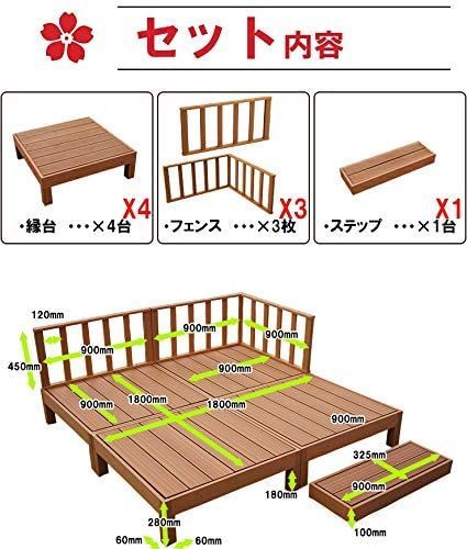 人工木ウッドデッキ 8点セット 1坪 用ネジ付 樹脂 デッキ 縁台 ダークブラウン