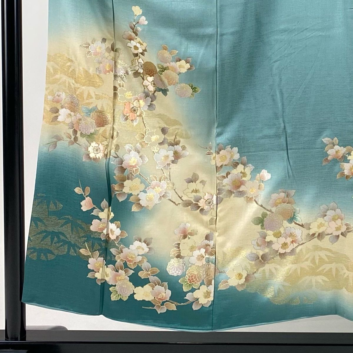 訪問着 身丈154cm 裄丈61cm S 袷 桜 菊 刺繍 金銀彩 薄緑 正絹 秀品