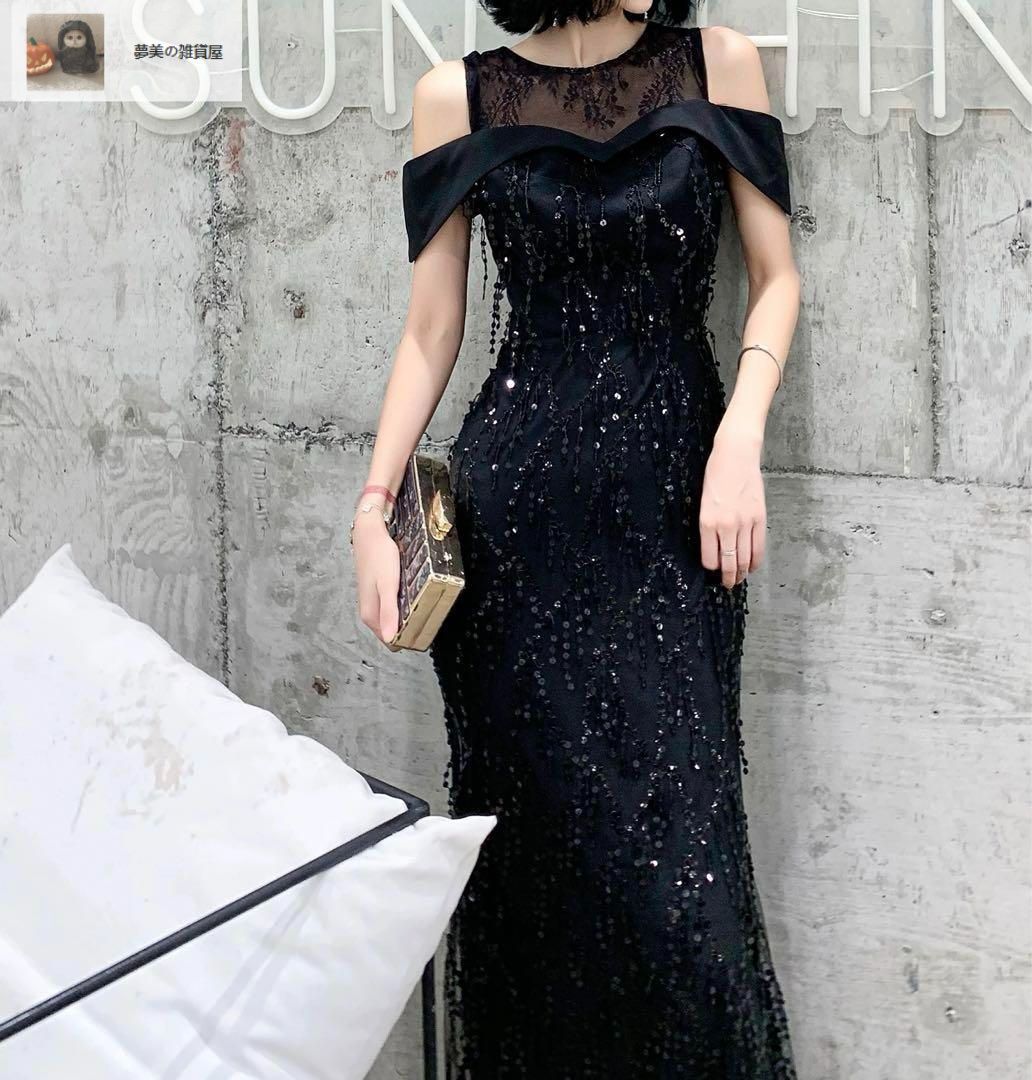 お花のデザインが美しい スパンコールのワンショルロングドレス お花のデザインが美しい スパンコール ワンショル ドレス お花の