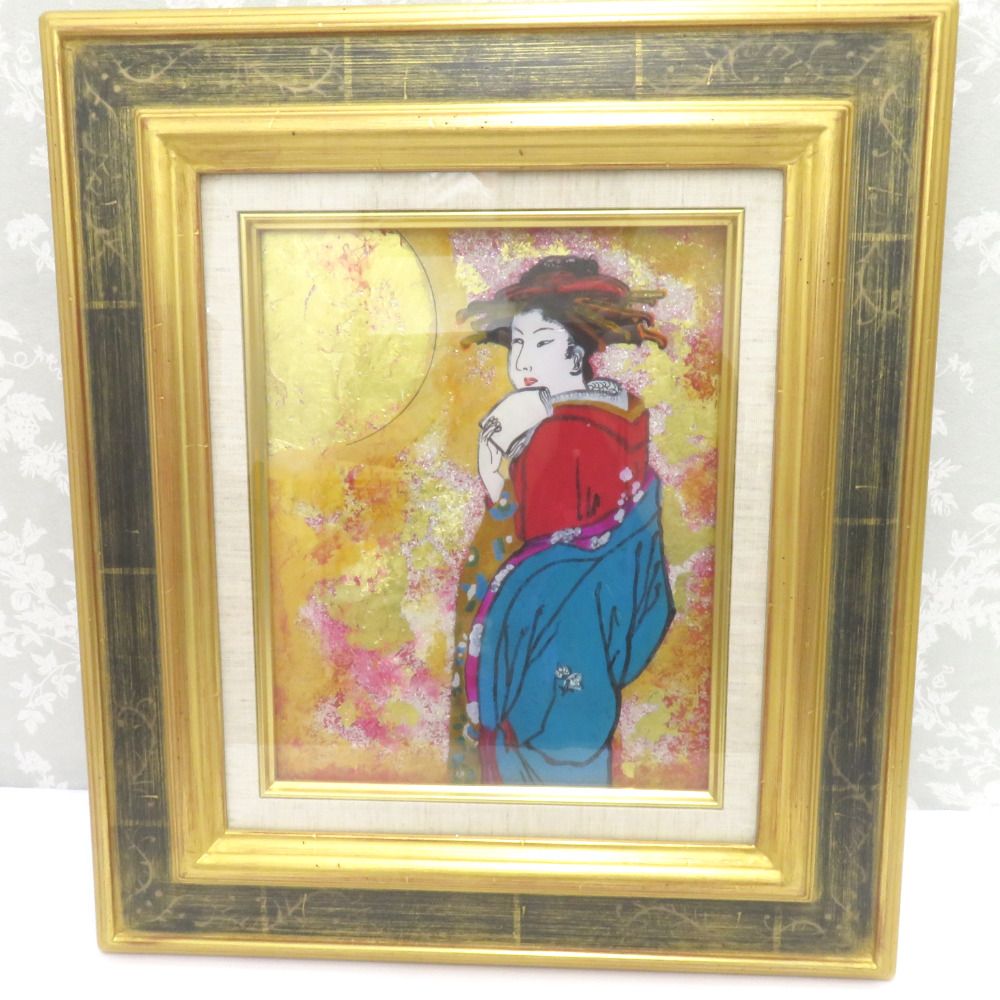骨董 民芸品 インテリア 番洋 遊女 硝子絵 絵画 ガラス絵 黄袋有 箱有