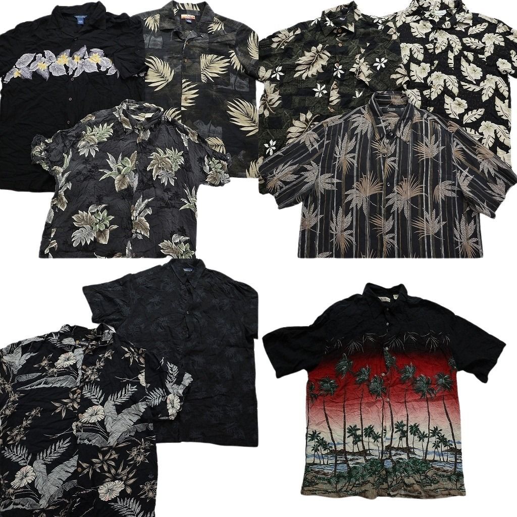 古着卸 まとめ売り 黒ボディ アロハシャツ 半袖シャツ 9枚セット (メンズ L ) ヤシの木 リーフ柄 ブラック系 MT6310