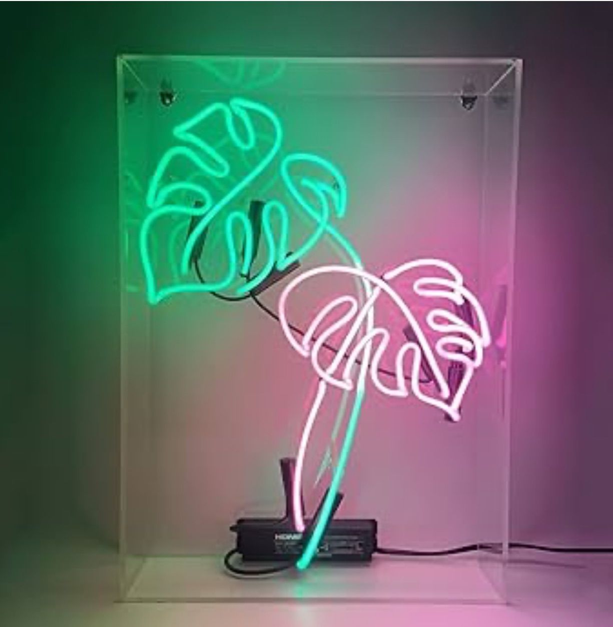 オリジナル ネオンサイン モンステラ 葉っぱデザイン 緑白ピンク ボックス型