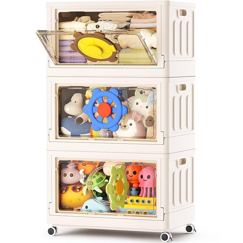 HAIXIN 収納ボックス 折り畳み おもちゃ収納 95L 大容量 衣装ケース 積み重ね 全方向キャスター 透明扉 片手操作 ハンドル付き 組み立て簡単 防塵 3個 0