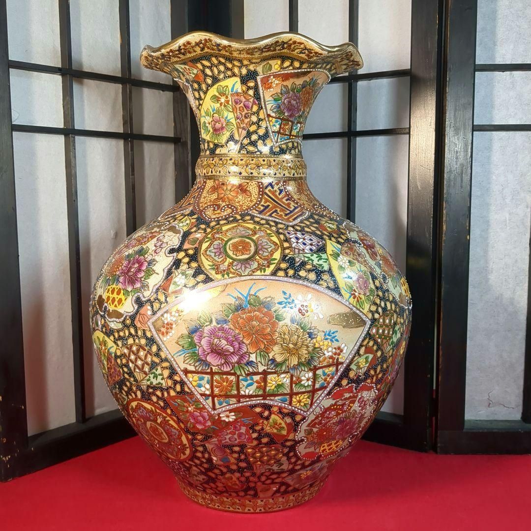 7,705円中国美術　薩摩焼　金彩青粒花草絵　大花瓶　飾り壺　高さ約４８センチ