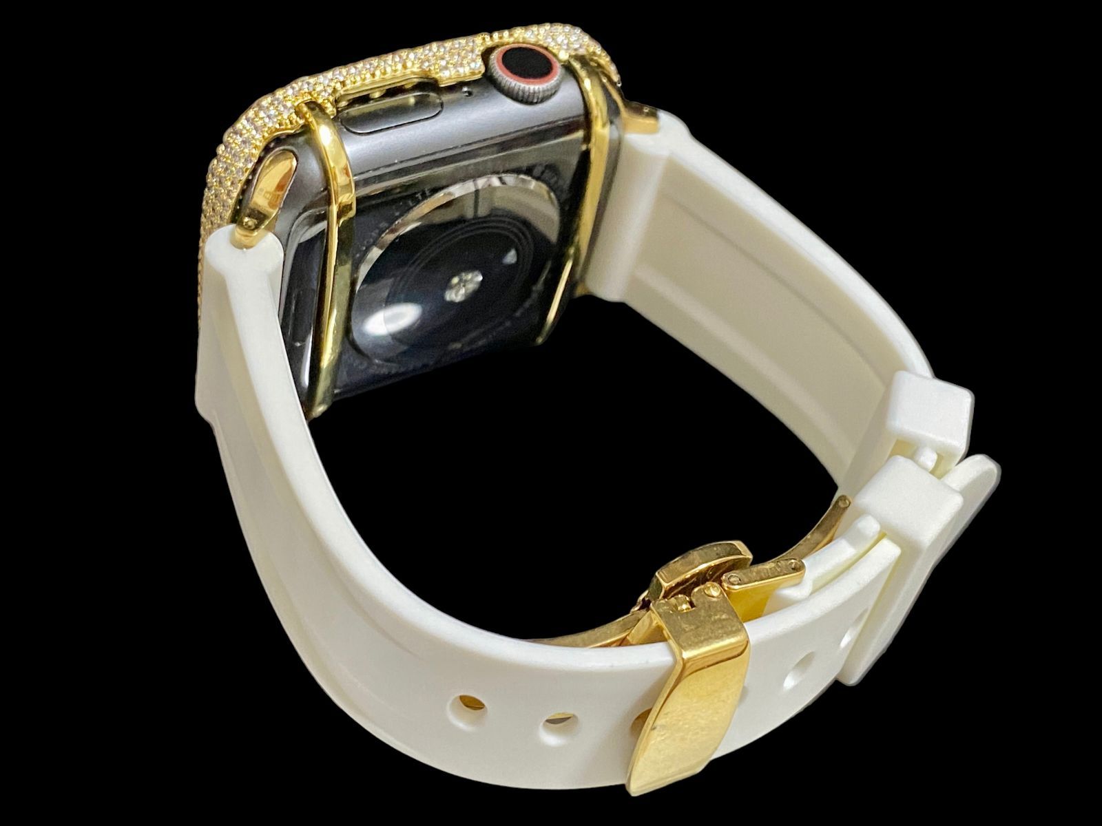 超 大粒ゴールド×ホワイト AppleWatchキラキラケース カバー アップルウォッチ ラバーバンド ベルト 38mm 40mm 41mm 42mm 44mm 45mm