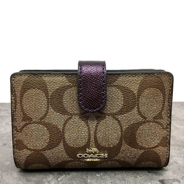 220 み COACH ミディアムウォレット F23553 シグネチャー ベージュ パープル