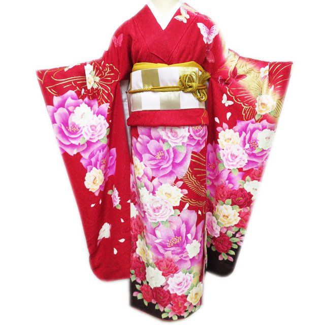振袖 着物 中古 正絹 刺繍 花模様 蝶 ラメ 銀通し 赤色 多色 金