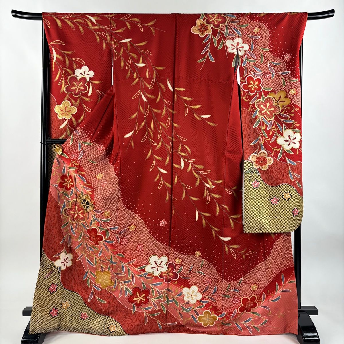 振袖 秀品 袋帯フルセット 花車 熨斗 金糸 金彩 茜色 袷 身丈165.5cm 裄