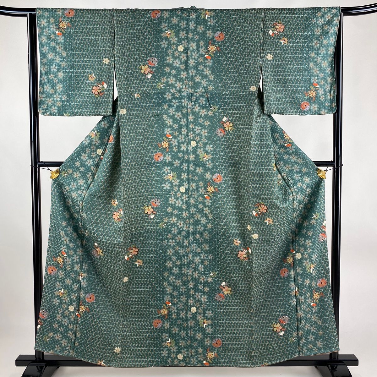 小紋 身丈157.5cm 裄丈65cm M 袷 草花 籠目 金彩 緑 正絹 美品 優品  