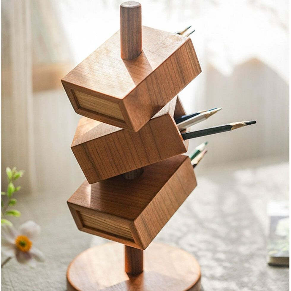 美品 回転 木製 えんぴつ立て リモコンラック ペンたて メガネ入れ