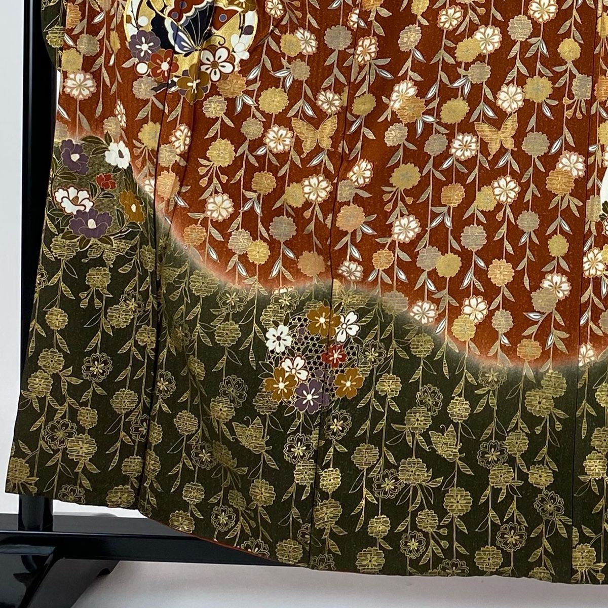 振袖 身丈159cm 裄丈65.5cm M 袷 枝垂れ桜 蝶 金糸 金彩 赤茶
