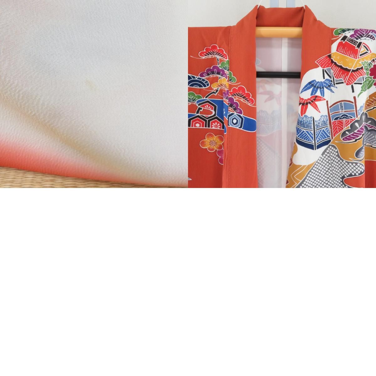 振袖 正絹 薄茶色x多色 型染め 風景に花鳥紋様 袷 広衿 成人式 卒業式