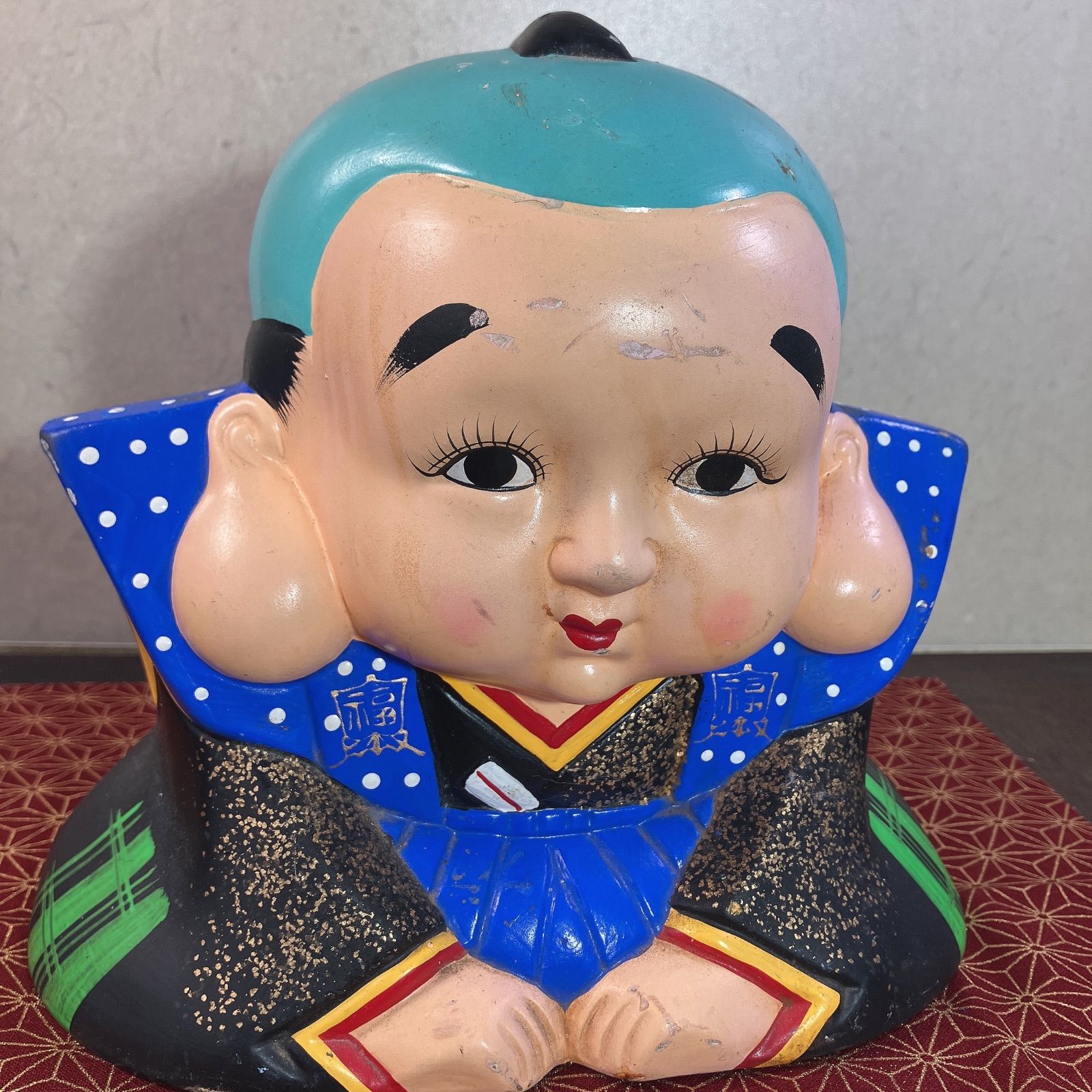 骨董　蔵出し　時代物　福助　置物　縁起物 福助 置物 貯金箱 縁起物 陶器 骨董品 アンティーク レトロ よーいドン