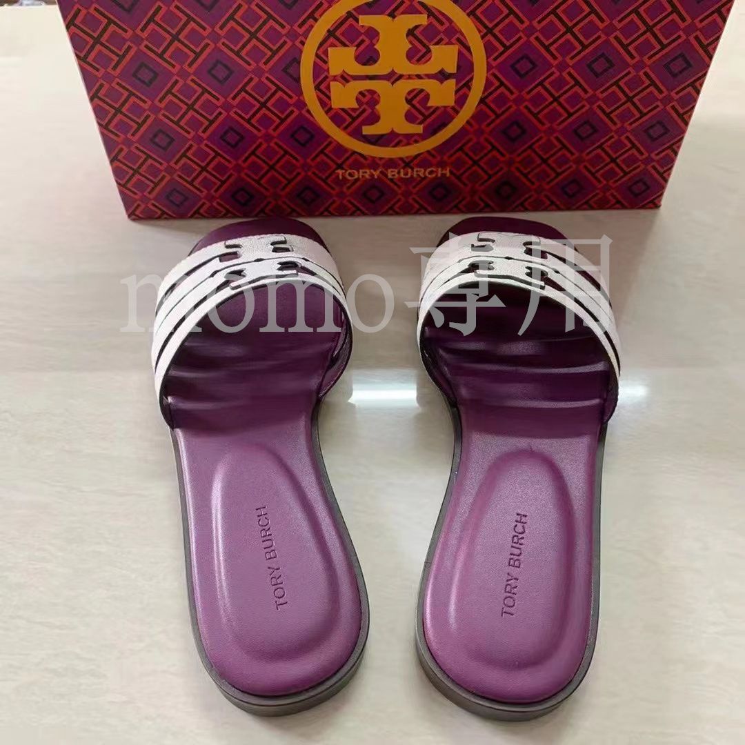 新品 TORY BURCH トリーバーチ レザーサンダル ミュール レディサンダル ダブルTスポーツスライドサンダル パープル