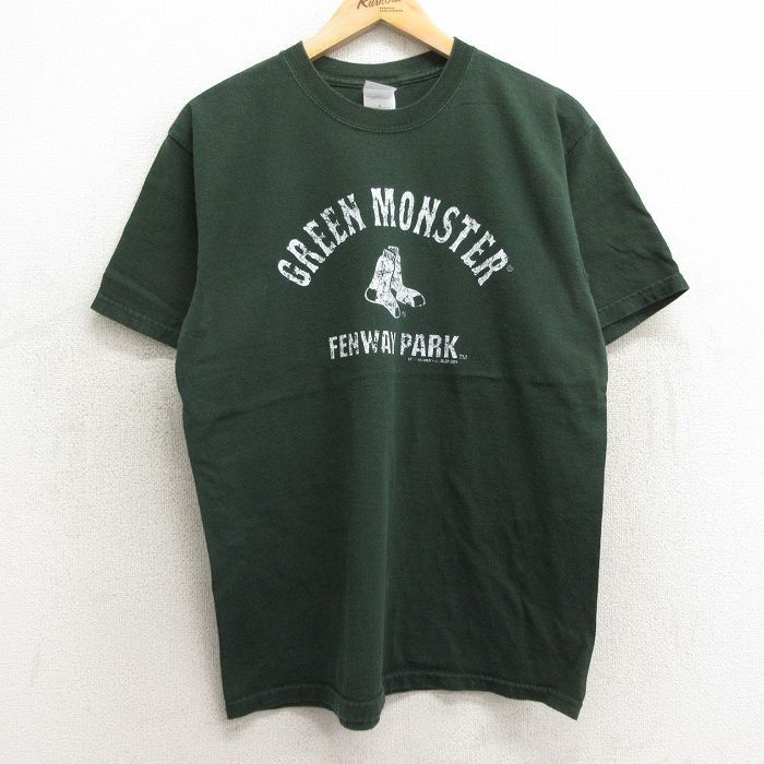 L/古着 半袖 ビンテージ Tシャツ メンズ 00s MLB ボストンレッドソックス コットン クルーネック 緑 グリーン メジャーリーグ ベースボール