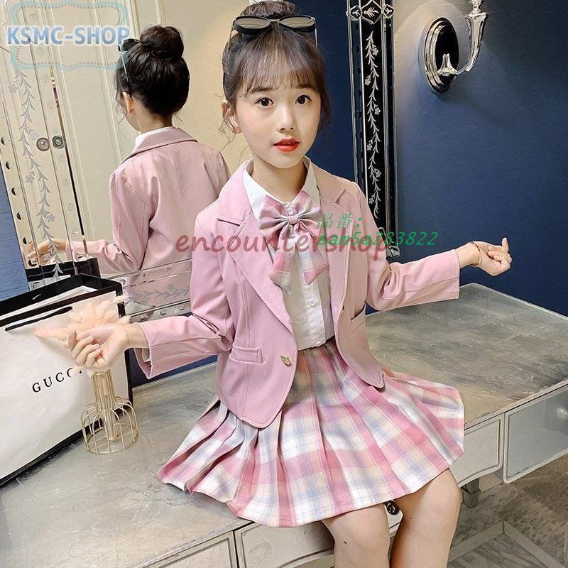  入学式 スーツ 女の子 卒園式 フォーマルスーツ 子供服 普段着 七五三 発表会 スカート チェック柄 カジュアル ジャケット 蝶ネクタイ am 5 a 283822 ワンピース フォーマル ドレス スーツ