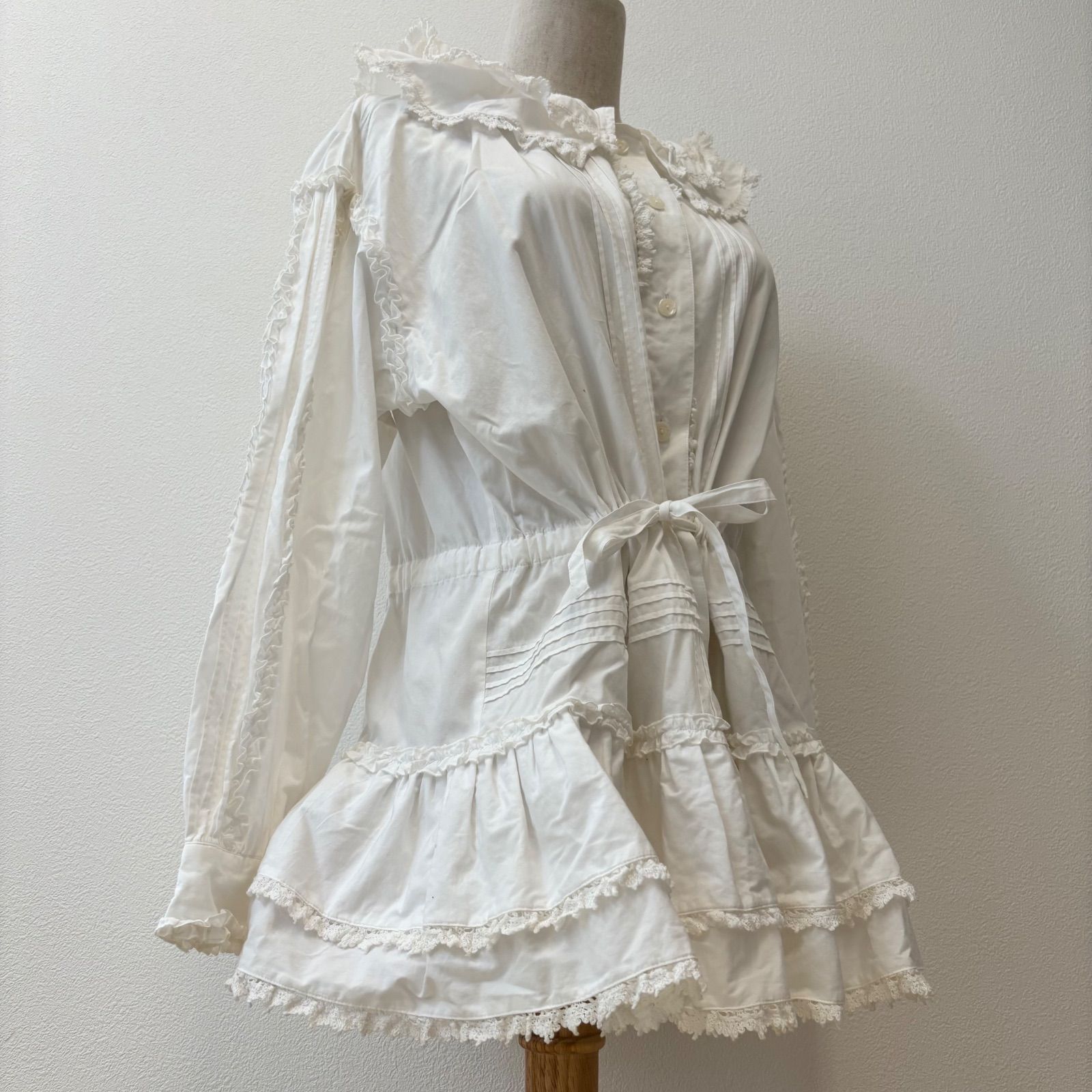 フリルレースシャツワンピース 白