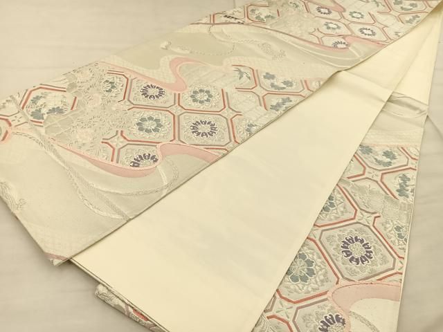 平和屋着物◎六通柄袋帯 唐織 流水正倉院花文 銀糸 正絹 逸品