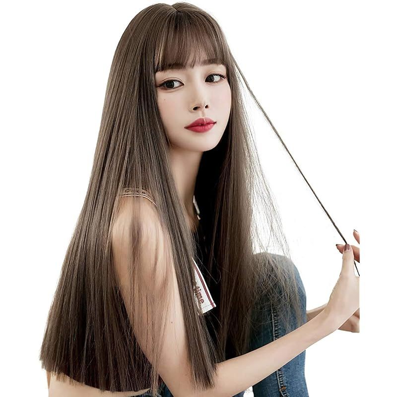 Sunecho ウィッグ ロング ストレート レディース フルウィッグ 小顔 ぱっつん前髪 セミロング カツラ グラデーション 自然 ファッション かつら 女装 ミディアム 可愛い 耐熱 ウィッグ ネット