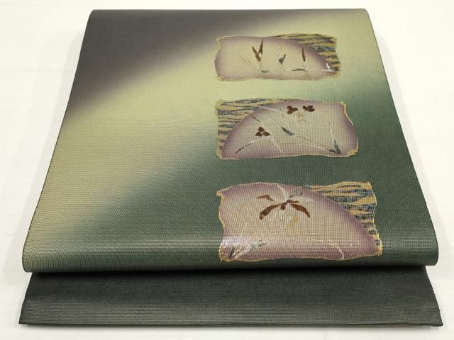 ますいわ屋扱い　広瀬織物廣裳佳苑謹製　お太鼓柄の袋帯　木箱付属 中古】 袋帯 フォーマル 正絹 お太鼓柄 金 向い鶴 格天井文 長さ439cm