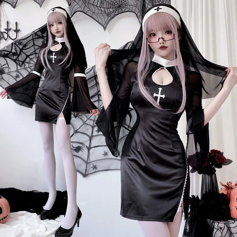 ゴシックロリータシスターコスプレ衣装 黒十字架デザイン＆フ 袖付き黒サテンドレス ベール＆ヘッドドレス付き 神秘的