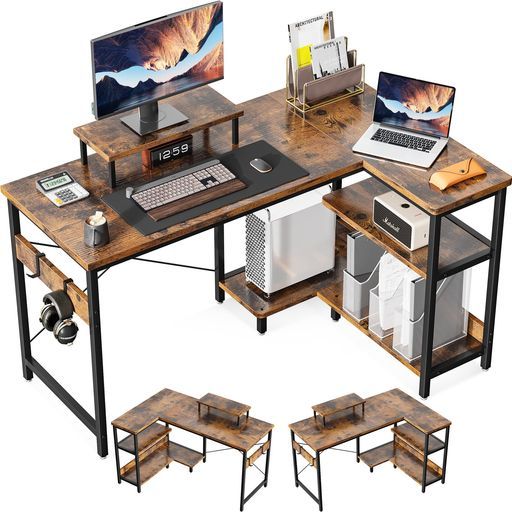 ODKパソコンデスクl字デスクゲーミングデスクL字型デスク机幅120cmラック付きpcデスクdesk収納オフィスデスク在宅勤務書斎組立簡単ビンテージ