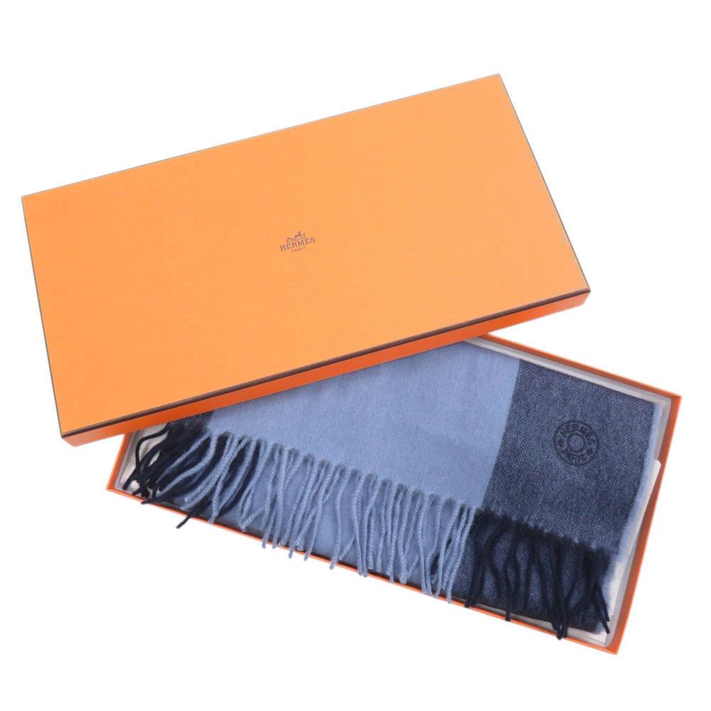 未使用品 エルメス Hサマーブロック カシミヤ ブルー マフラー 青 0332