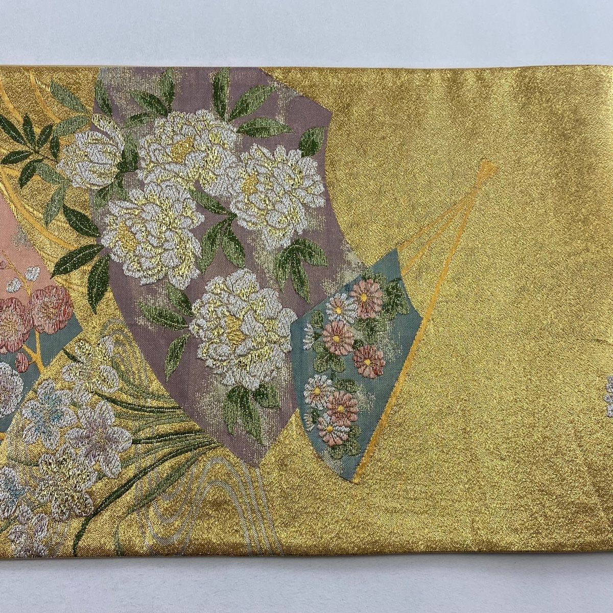 袋帯 美品 秀品 扇 草花 金銀糸 箔 金色 六通 正絹 【中古