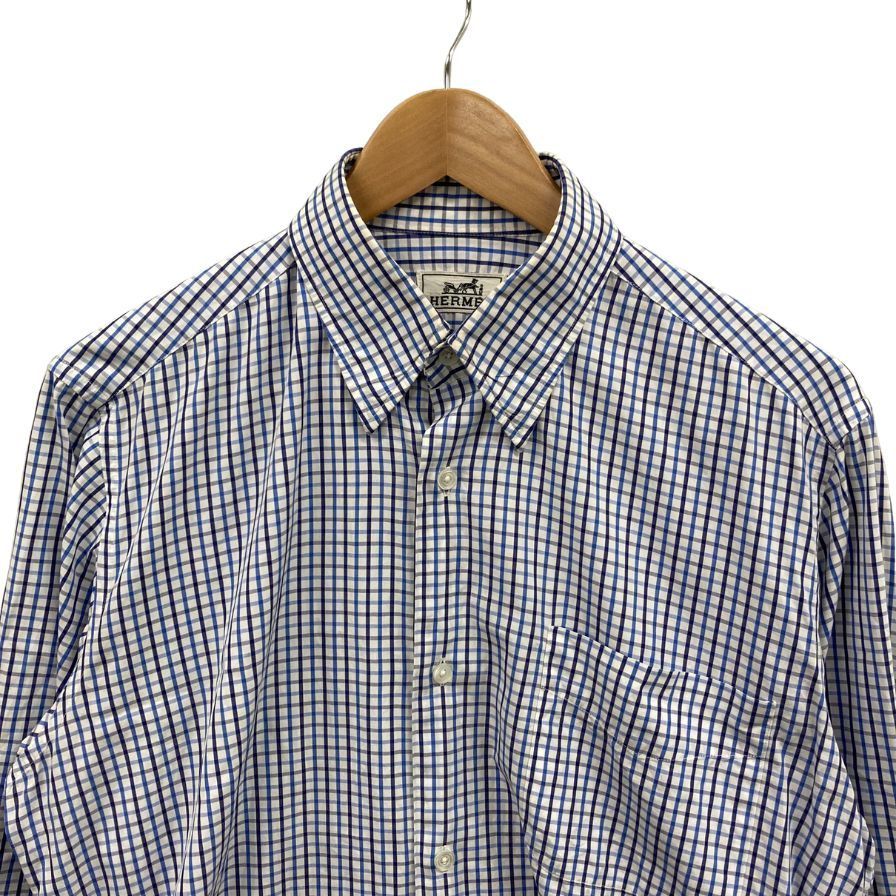 エルメス シャツ 長袖 チェック柄 コットン ブルー ホワイト