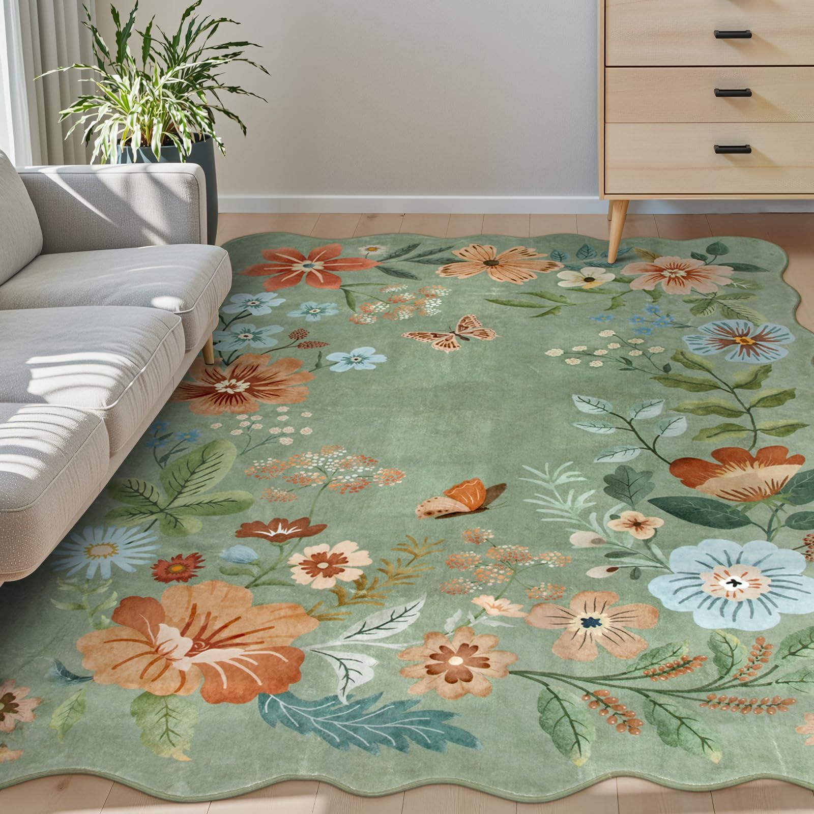 HAOCOO カーペット 洗える 200х250cm ラグ 3畳 夏 薄手 モダン ふわふわ 滑り止め 防音 抗菌防臭 室内用 正方形 ラグマット オールシーズン適用 蝶 動物 花柄 セージグリーン